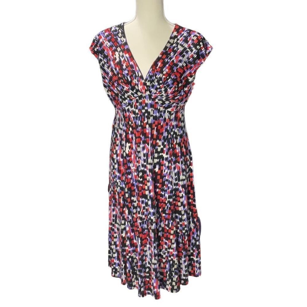 Black Label Evan Picone Fit n Flare DressโRed Black Purple Geometric V Neck 8